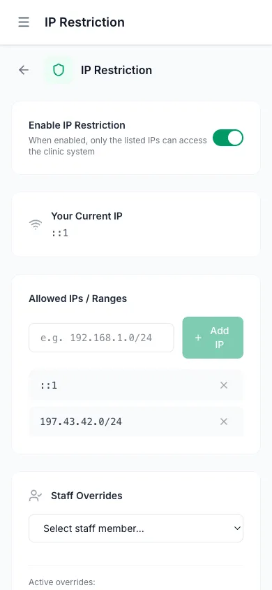 تقييد IP مفعّل مع عناوين IP مسموحة